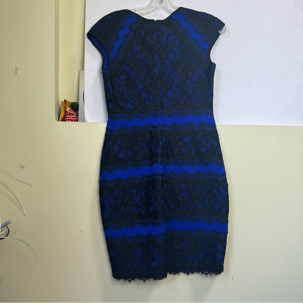 Tadashi Shoji Lace Cocktail Dress Short Sleeve Sheath Pencil Skirt Color Block 2 - Picture 4 of 16